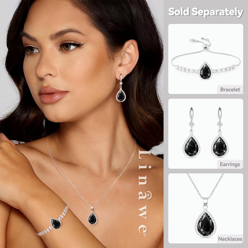 Linawe Black Crystal Silver Chain Pendant Necklace for Women Trendy, Imitation Diamond Cubic Zirconia Birthstone Rhinestone Teardrop Boho Necklace, Costume Jewelry Preppy - Image 3