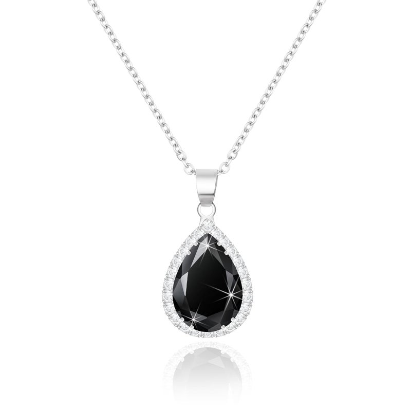 Linawe Black Crystal Silver Chain Pendant Necklace for Women Trendy, Imitation Diamond Cubic Zirconia Birthstone Rhinestone Teardrop Boho Necklace, Costume Jewelry Preppy - Image 1