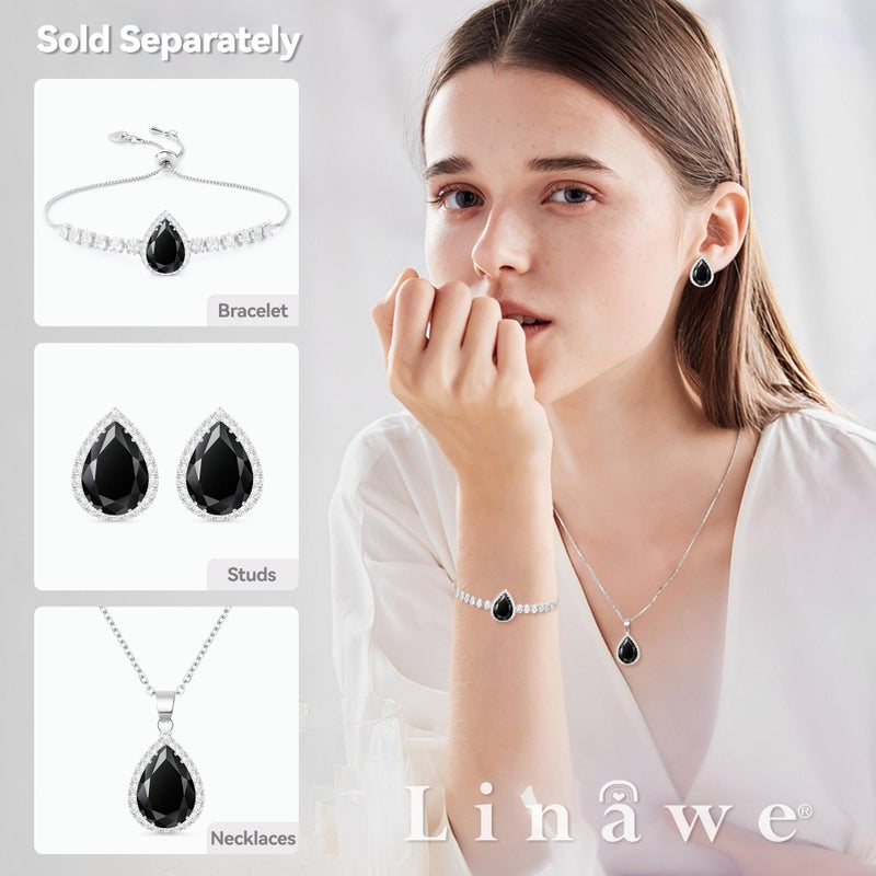 Linawe Black Crystal Silver Chain Pendant Necklace for Women Trendy, Imitation Diamond Cubic Zirconia Birthstone Rhinestone Teardrop Boho Necklace, Costume Jewelry Preppy - Image 4