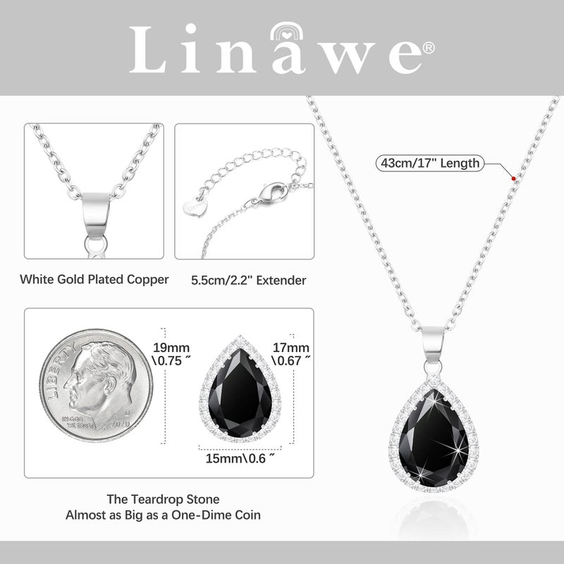 Linawe Black Crystal Silver Chain Pendant Necklace for Women Trendy, Imitation Diamond Cubic Zirconia Birthstone Rhinestone Teardrop Boho Necklace, Costume Jewelry Preppy - Image 2