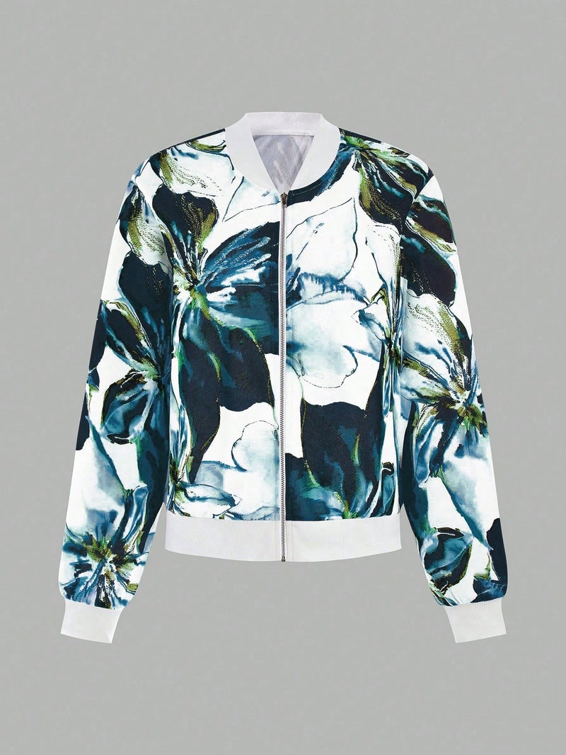 Women's Baseball Collar Printed Jacket Zip Up Casual Outerwear - Image 5