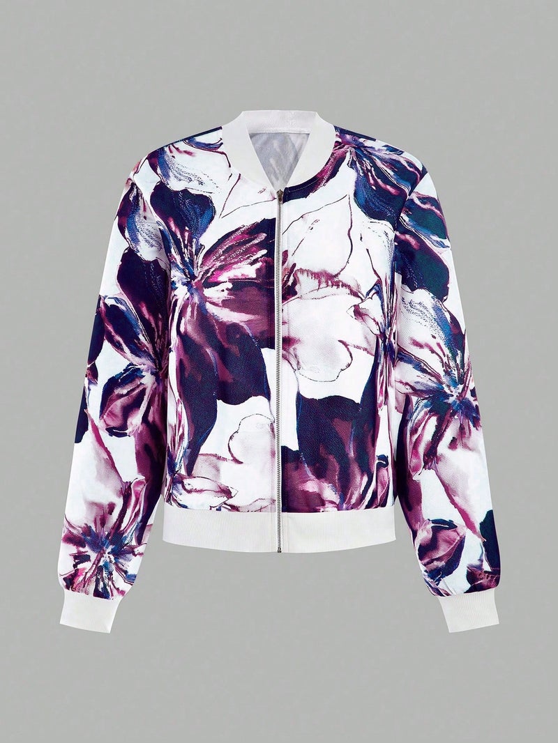 Women's Baseball Collar Printed Jacket Zip Up Casual Outerwear - Image 3
