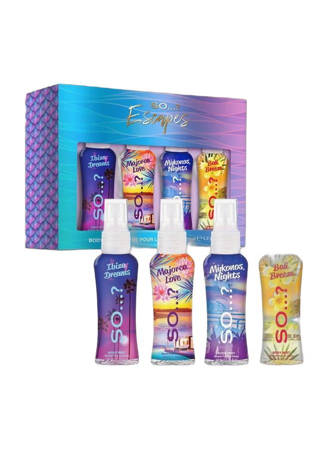 So..? مجموعة هدايا سو…؟ إسكابز للنساء، مع عطر حلم إيبيزا، نسيم بالي، ليالي ميكونوس وحب مايوركا، مجموعة رذاذ العطر (4 × 50 مل) - Image 1