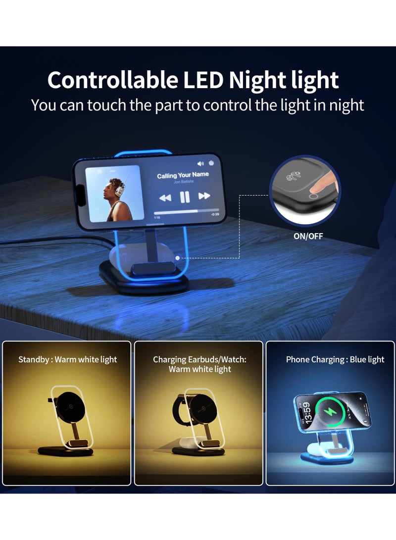 SYOSI 3 in 1 Wireless Charging Station, Foldable Adjustable Magnetic Wireless Charger, Travel Charger for Multiple Devices, for iPhone 15 14 13 12 Series, Apple Watch Ultra/SE/9/8/7/6/5/4/3/2, AirPods - Image 2