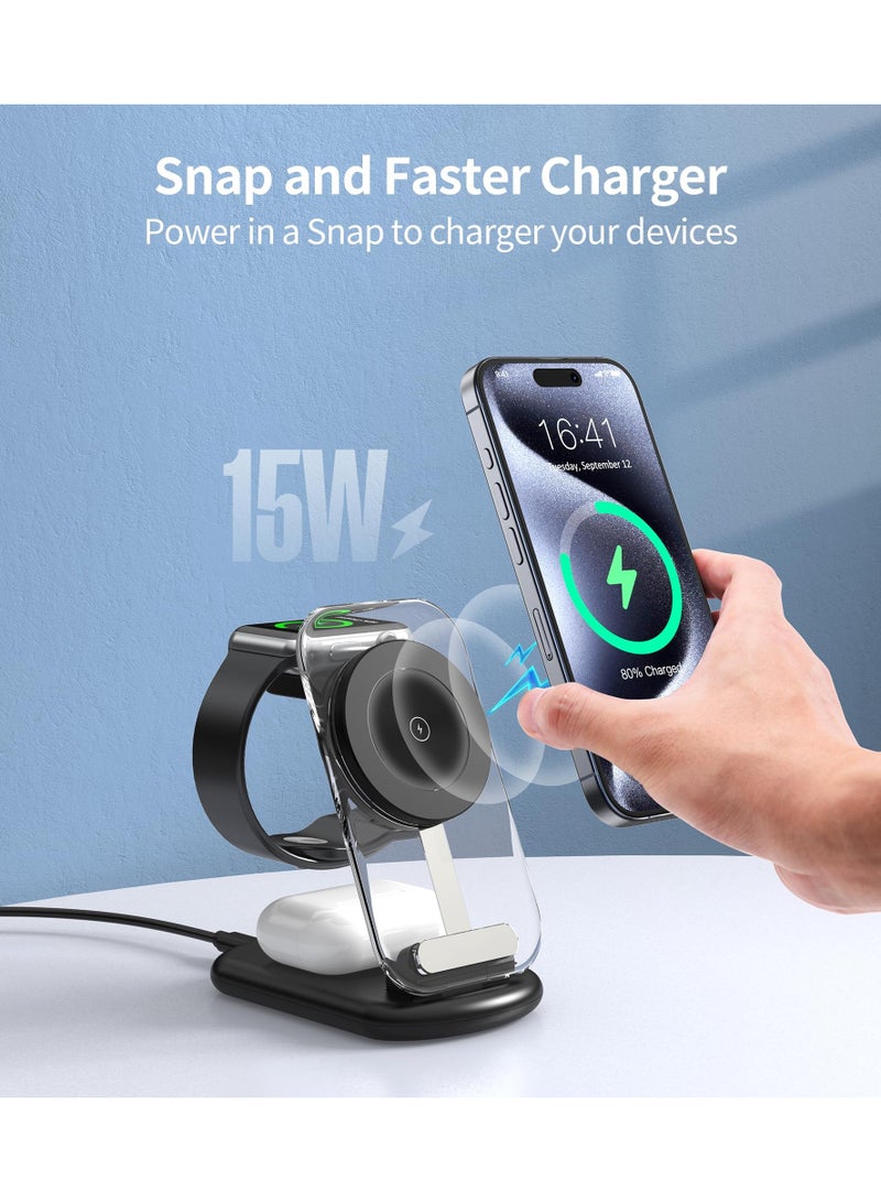 SYOSI 3 in 1 Wireless Charging Station, Foldable Adjustable Magnetic Wireless Charger, Travel Charger for Multiple Devices, for iPhone 15 14 13 12 Series, Apple Watch Ultra/SE/9/8/7/6/5/4/3/2, AirPods - Image 3