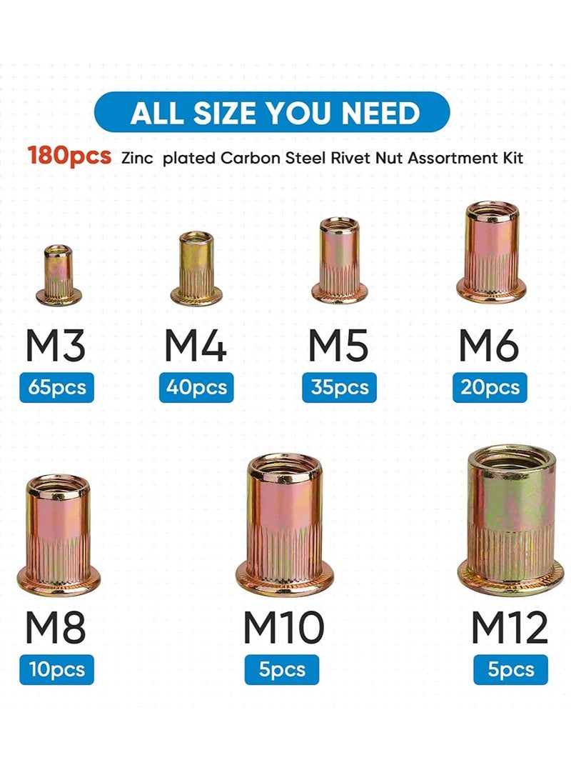 Excefore Metric Rivet Nut Kit, Heavy Duty Zinc Plated Carbon Steel Flat Head Insert Nut with Knurled Body (Metric Assortment Kit M3, M4, M5, M6, M8, M10, and M12) - Image 4