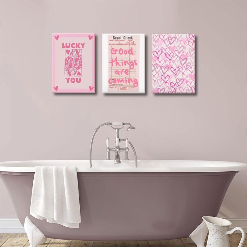 Djmwtb Framed Trendy Guest Pink Wall Art 3Pcs Humor Preppy Canvas Print Home Decor Hearts Cute Painting Picture Inspirational Artwork Lucky You Poker Poster for Bedroom Dorm Apartment 12"x16"x3 - Image 5