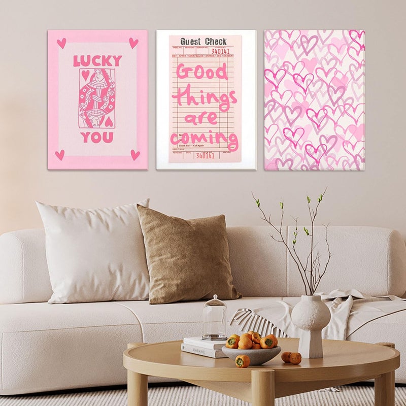 Djmwtb Framed Trendy Guest Pink Wall Art 3Pcs Humor Preppy Canvas Print Home Decor Hearts Cute Painting Picture Inspirational Artwork Lucky You Poker Poster for Bedroom Dorm Apartment 12"x16"x3 - Image 3