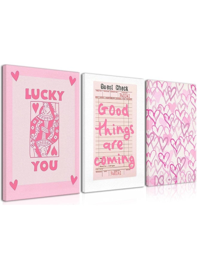 Djmwtb Framed Trendy Guest Pink Wall Art 3Pcs Humor Preppy Canvas Print Home Decor Hearts Cute Painting Picture Inspirational Artwork Lucky You Poker Poster for Bedroom Dorm Apartment 12"x16"x3 - Image 1