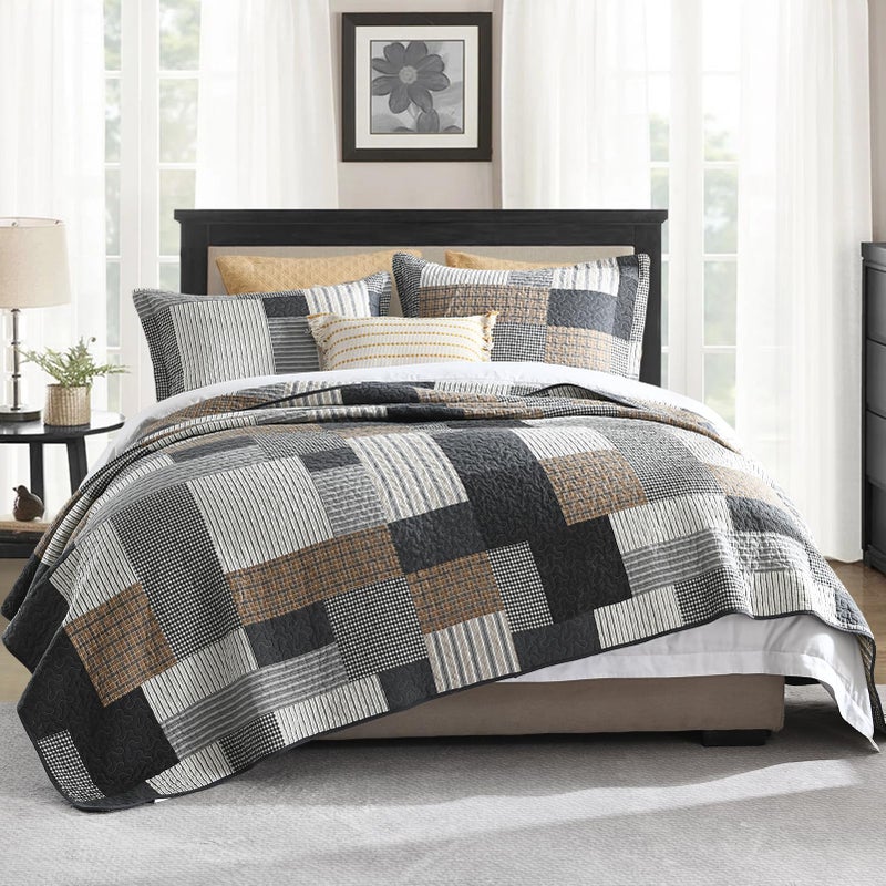 PERHOM Quilt King Size  100 Cotton Lightweight Bedspread  Gray Brown Black White Plaid Patchwork Soft Reversible Quilt King Size for Bed Set All Season 3 Pieces