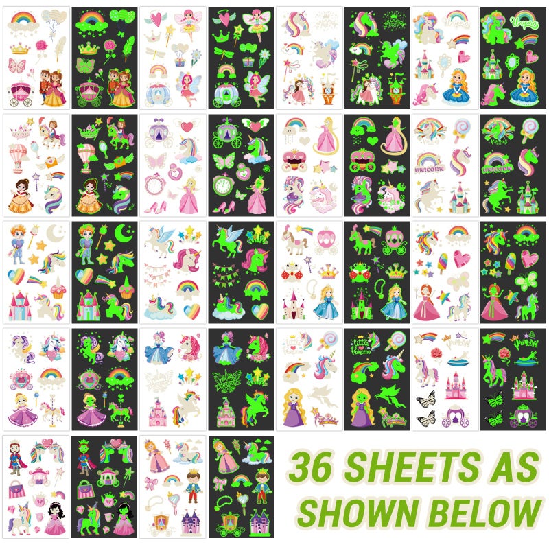atydkug 252+ Pcs Glow Princess Temporary Tattoo For Kids  36 Sheets Rainbow Castle Candy Star Prince Fake Tattoos Sticker For Girls Boys  Luminous Birthday Magic Fairy Theme Party Favors Decoration - Image 2