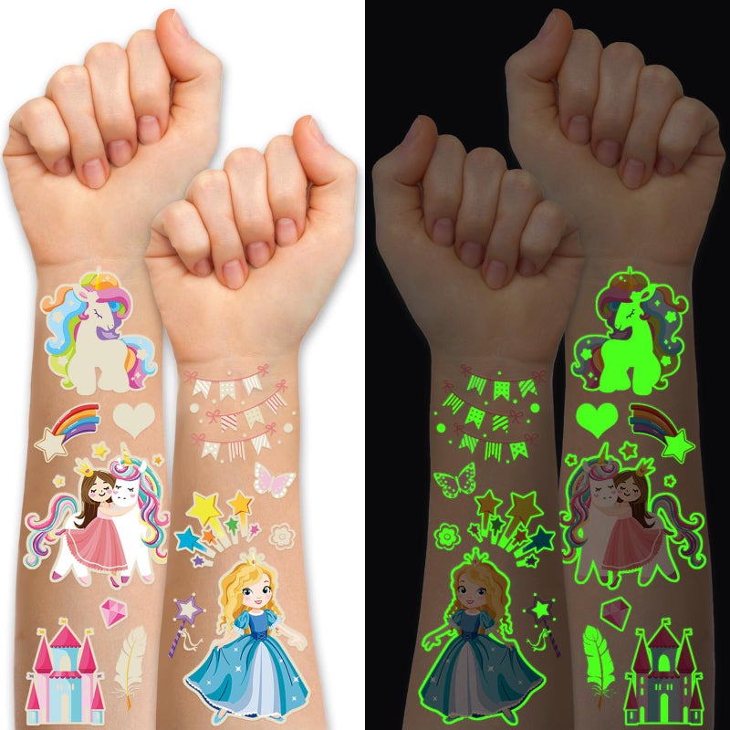 atydkug 252+ Pcs Glow Princess Temporary Tattoo For Kids  36 Sheets Rainbow Castle Candy Star Prince Fake Tattoos Sticker For Girls Boys  Luminous Birthday Magic Fairy Theme Party Favors Decoration - Image 1