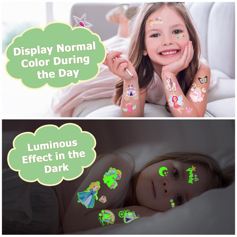 atydkug 252+ Pcs Glow Princess Temporary Tattoo For Kids  36 Sheets Rainbow Castle Candy Star Prince Fake Tattoos Sticker For Girls Boys  Luminous Birthday Magic Fairy Theme Party Favors Decoration - Image 3
