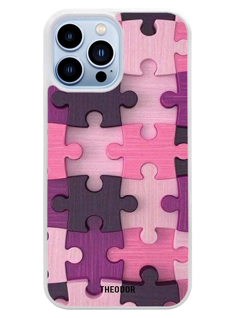Theodor Protective Case Cover For APPLE IPHONE 14 Pro Max Pink Puzzle (White Bumper) - Image 1