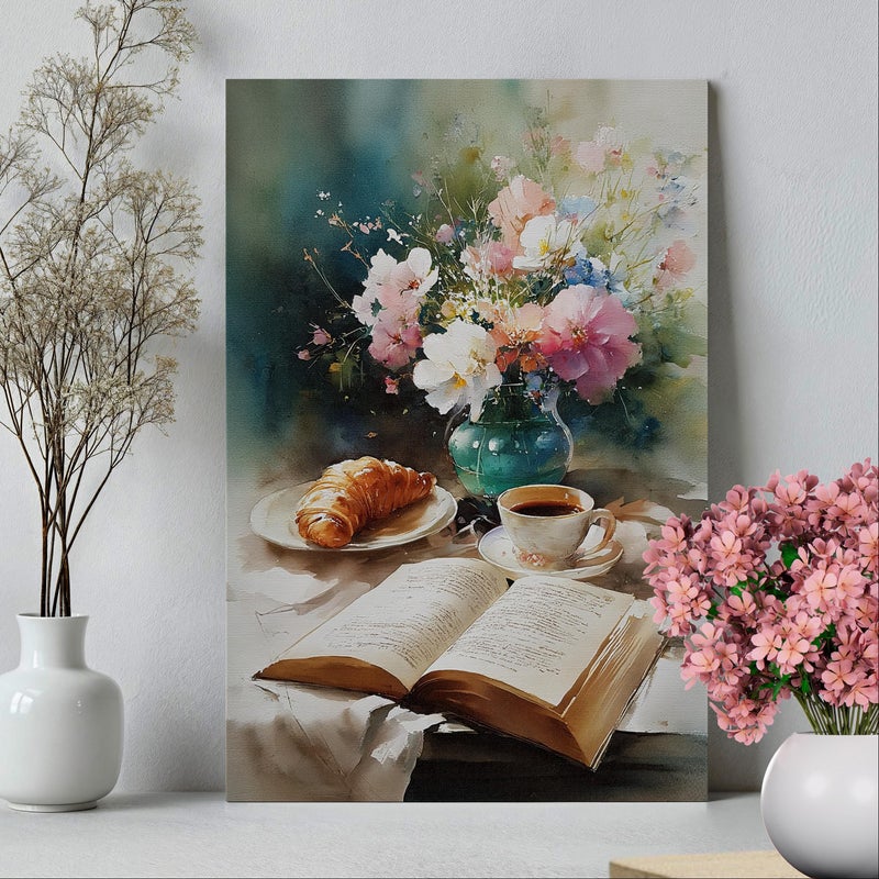 TNESSENTIAL Breakfast Table Pastel Watercolor Wall Art Poster or Canvas Print, Coffee Cup and Croissant by an Open Book, Cozy Floral Kitchen Wall Decor - Image 1