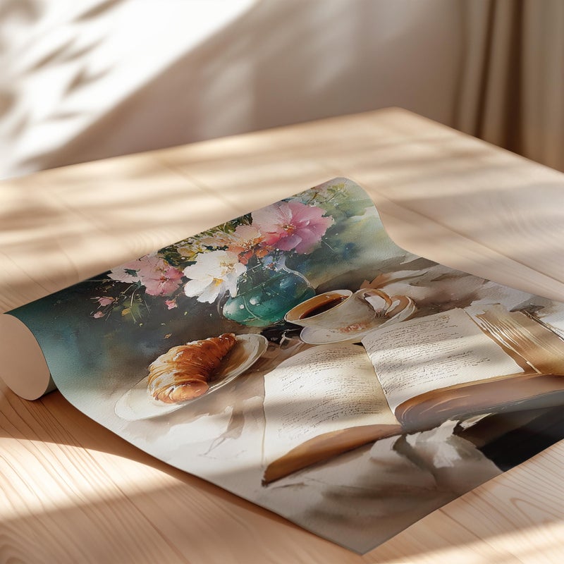 TNESSENTIAL Breakfast Table Pastel Watercolor Wall Art Poster or Canvas Print, Coffee Cup and Croissant by an Open Book, Cozy Floral Kitchen Wall Decor - Image 2