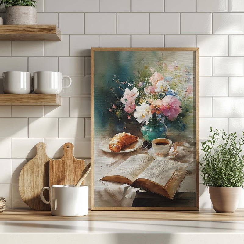 TNESSENTIAL Breakfast Table Pastel Watercolor Wall Art Poster or Canvas Print, Coffee Cup and Croissant by an Open Book, Cozy Floral Kitchen Wall Decor - Image 3
