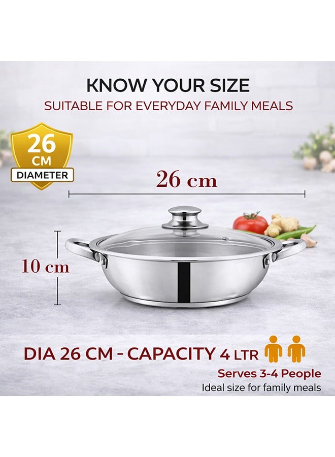 SONEX مقلاة سونيكس ميغا، 26 سم (4 لتر) من الفولاذ المقاوم للصدأ – غطاء زجاجي مع فتحة بخار، مقابض متينة، قاعدة ساندويتش للتسخين المتساوي، تصميم عصري أنيق لطهي فعال وأنيق - Image 2