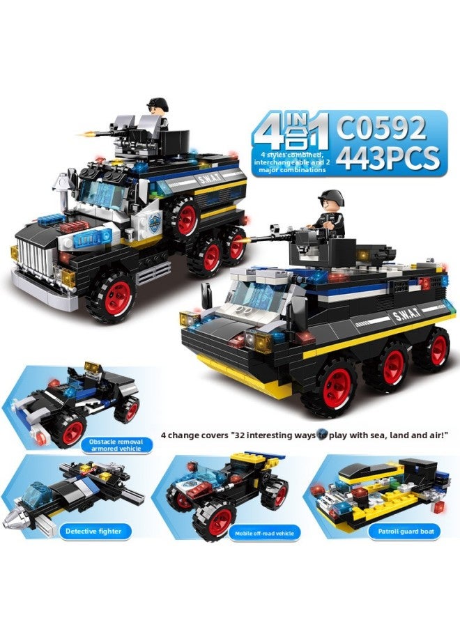 Woma Building Blocks Technology Special Police Team Series Boys Benefit Intelligence Assembled Police Car Aircraft Toys-Color:C0592 Four-in-one Lightning-proof Riot Armored Vehicle  - Image 1