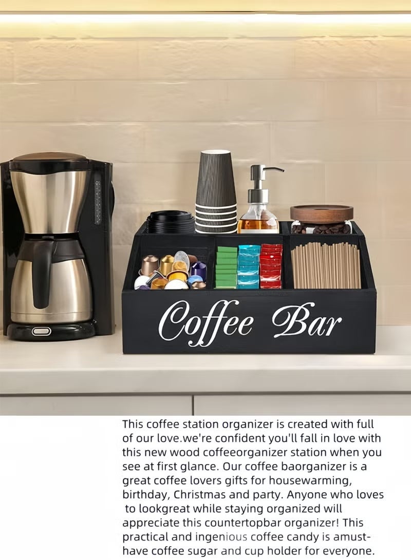 منظم محطة القهوة للطاولة، سلة تخزين خشبية لحامل كبسولات القهوة، منظم تخزين توابل القهوة والشاي، ديكور ريفي لبار القهوة لمنظم إكسسوارات القهوة - Image 2