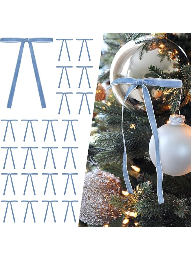 The Bros 24 قطعة من أقواس شجرة عيد الميلاد المخملية الزرقاء الفاتحة لتزيين الأبواب إكليل عتيق (عرض 3/8 بوصة، 5 * 7 بوصة) - Image 1