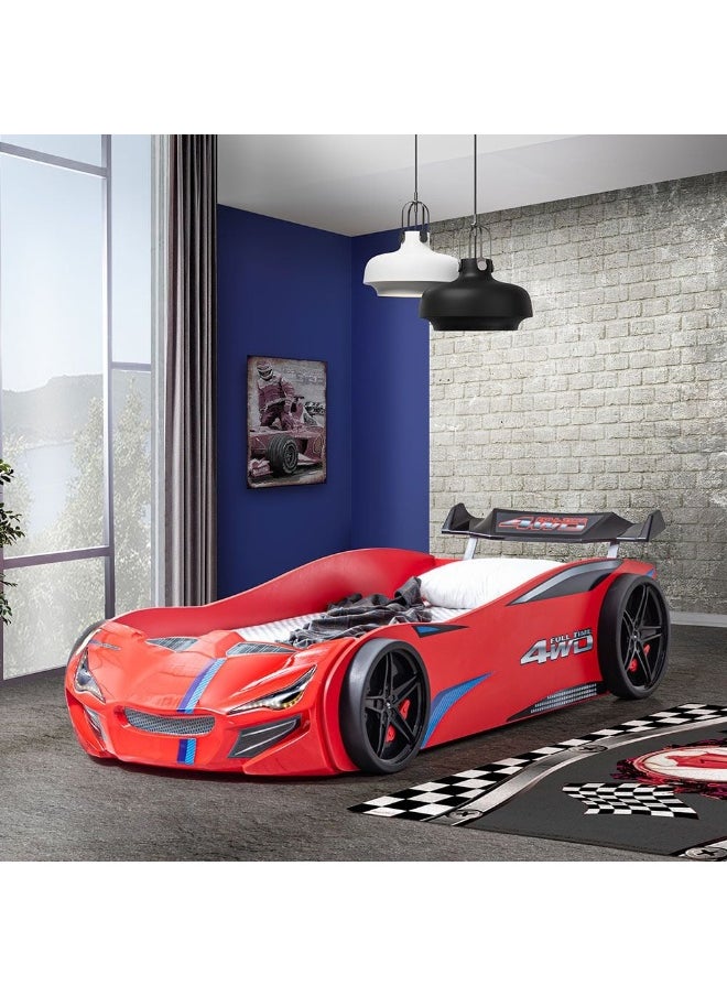 DANUBE HOME - Kinder Racer 90X190 Car Bed Sturdy Modern Design Wooden Kids Single Bed Frame Furniture Quiet And Comfortable Beds (Mattress Not Included) Made In Turkey L225xW95xH64cm - Red - Image 1