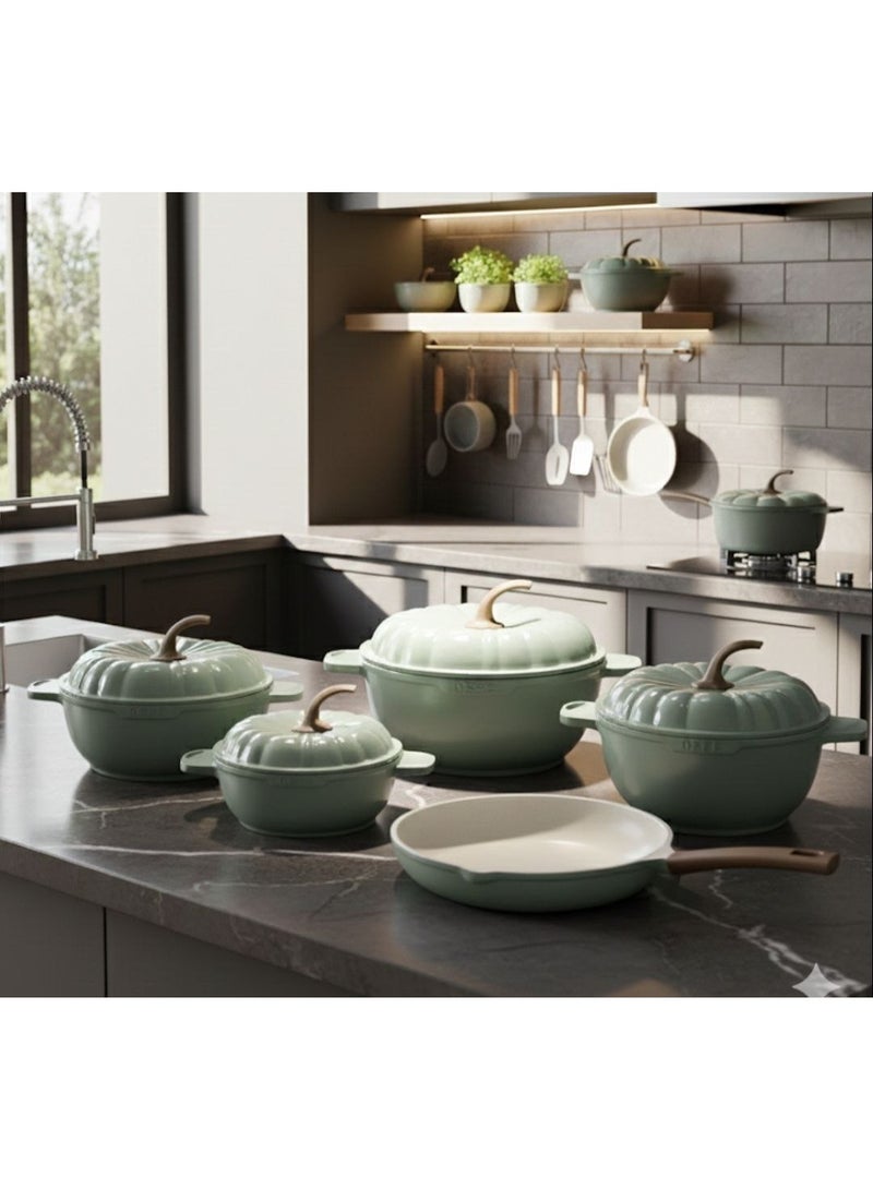 Pumpkin Granite Cookware Set: 3 pots (20/24/28 cm) + 28 cm casserole with lid + 26 cm frying pan + 2 serving utensils