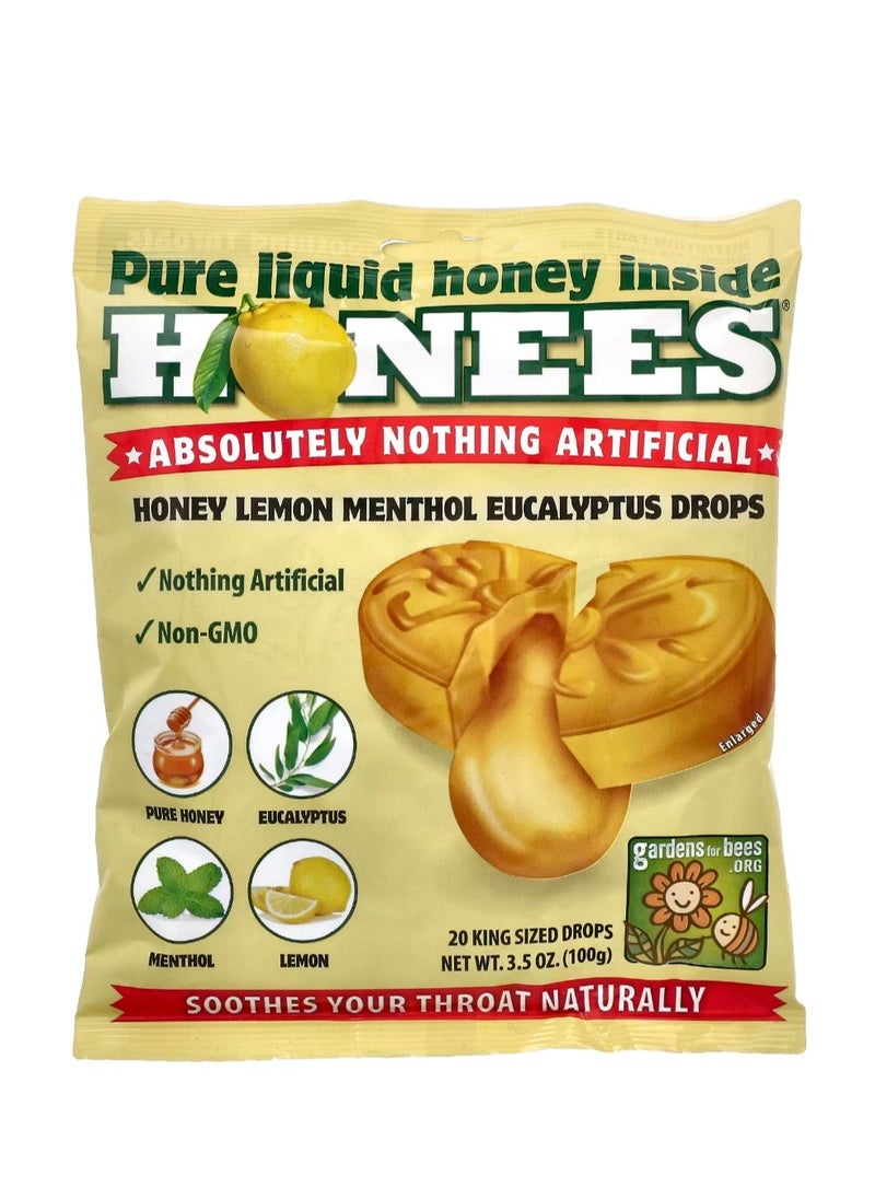 Honees - Honey Lemon Menthol Eucalyptus Cough Drops 20 King Sized Drops 3.5 oz (100 g) - Image 1
