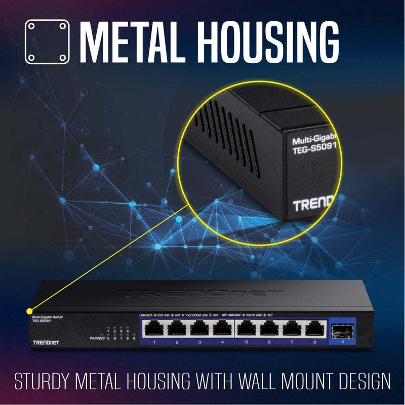 TRENDnet 9-Port Unmanaged 2.5G Switch with 10G SFP+ Port, TEG-S5091, 8 x 2.5GBASE-T Ports, 60Gbps, Wall Mountable, Ethernet Splitter, NDAA & TAA Compliant, Lifetime Protection, Black - Image 2