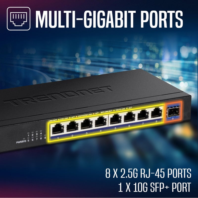 TRENDnet 9-Port Unmanaged 2.5G Switch with 10G SFP+ Port, TEG-S5091, 8 x 2.5GBASE-T Ports, 60Gbps, Wall Mountable, Ethernet Splitter, NDAA & TAA Compliant, Lifetime Protection, Black - Image 3