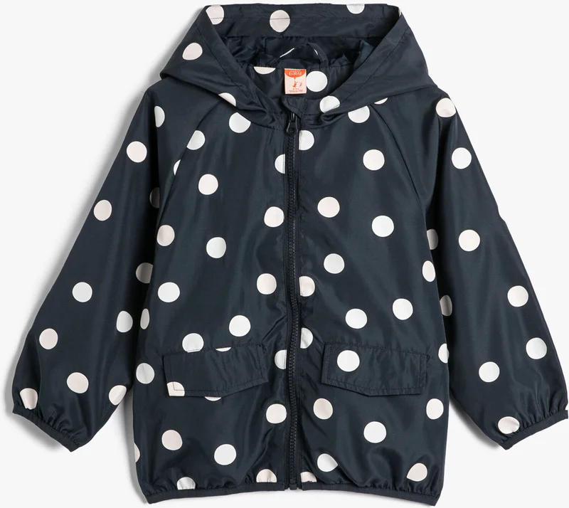 KOTON Polka Dot Hooded Coat with Pocket Detail, Cotton Lining that Changes Color in Water
