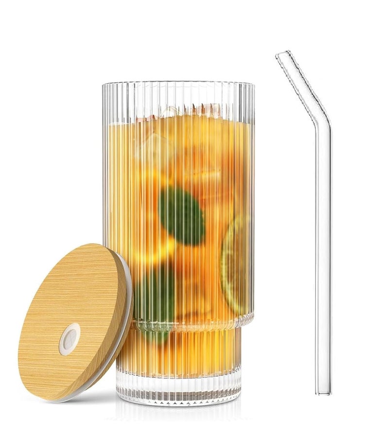 RAGYULA Ribbed Drinking Glasses Tumbler Set of 1 with Bamboo Lids and Straws Clear Fluted Textured Vertical Stripe Glass Sipper Iced Coffee Cups for Beer Cocktail Beverage - Image 1