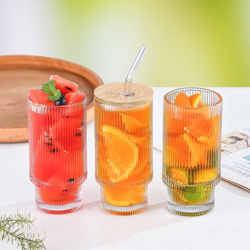 RAGYULA Ribbed Drinking Glasses Tumbler Set of 1 with Bamboo Lids and Straws Clear Fluted Textured Vertical Stripe Glass Sipper Iced Coffee Cups for Beer Cocktail Beverage - Image 3