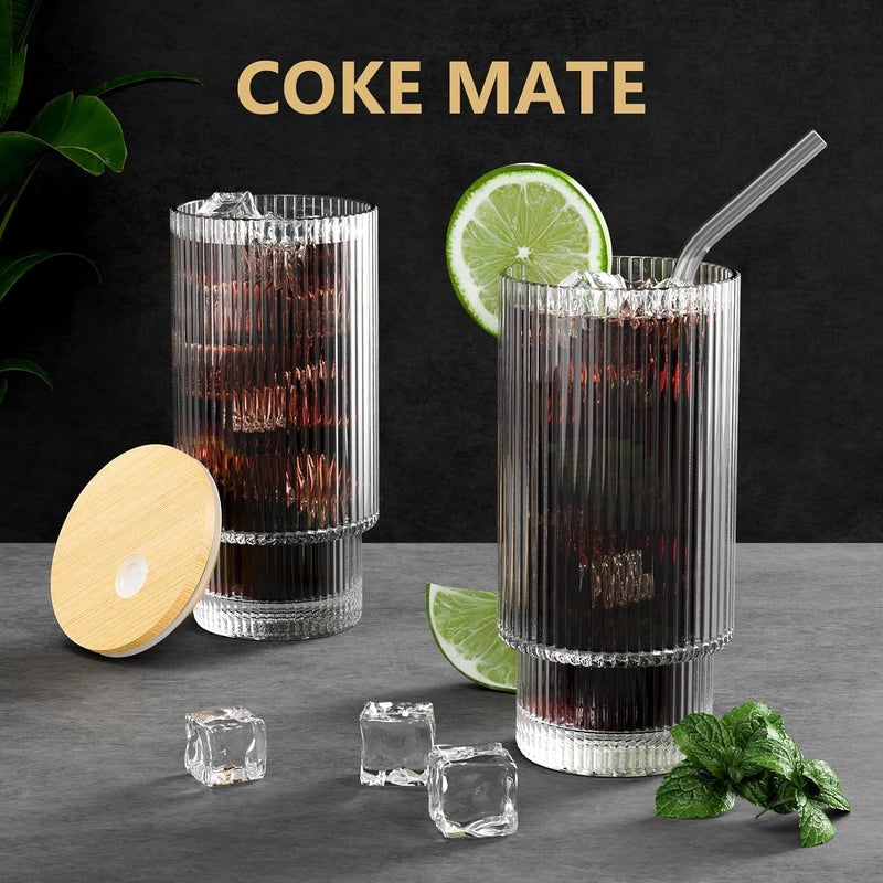 RAGYULA Ribbed Drinking Glasses Tumbler Set of 1 with Bamboo Lids and Straws Clear Fluted Textured Vertical Stripe Glass Sipper Iced Coffee Cups for Beer Cocktail Beverage - Image 2