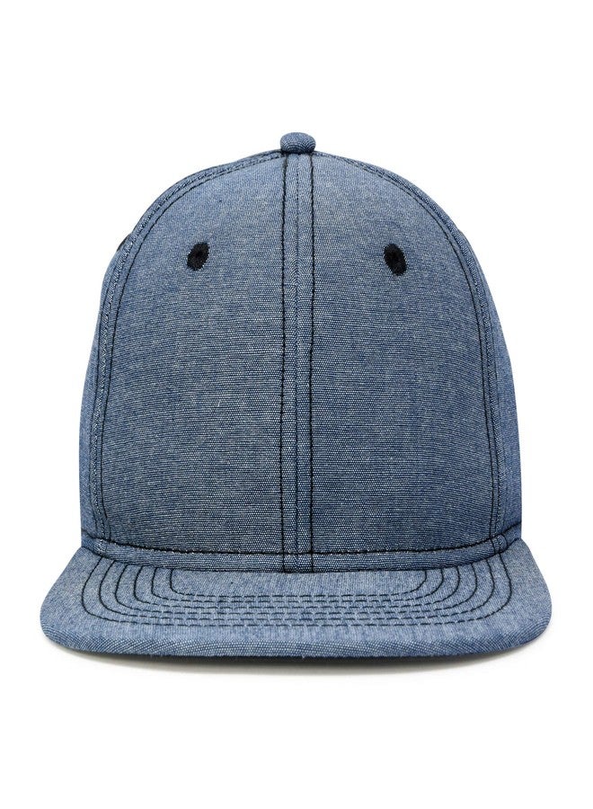 DALIX Premium Flat Bill Baseball Cap Structured Hat Snap Back Chambray in Navy Blue - Image 1