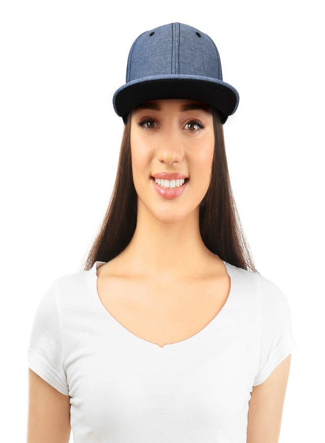 DALIX Premium Flat Bill Baseball Cap Structured Hat Snap Back Chambray in Navy Blue - Image 4