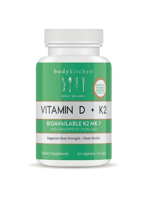 Vegan Plant-Based Vitamin D3 + K2 (MK7) Supplement, Bone and Heart Health, Non-GMO, 5000 IU Vitamin D & 180 mcg Vitamin K2 MK-7, Easy to Swallow Veggie Caps, 60 Count