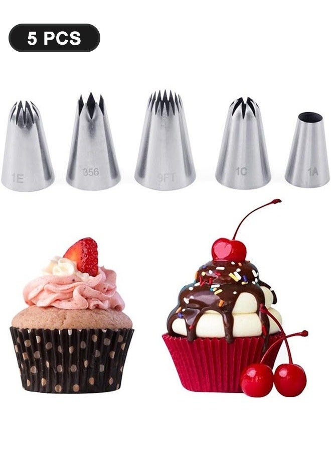 انت مجموعة من ٥ رؤوس تزيين كبيرة، طقم تزيين من الفولاذ المقاوم للصدأ، رؤوس تزيين كيك المعجنات، أدوات خبز للكوكيز، طقم تزيين الكب كيك(9FT, 1E, 356, 1C, 1A) - Image 1