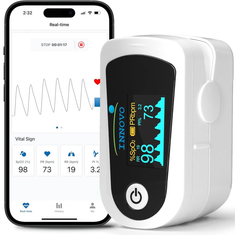 Innovo مقياس التأكسج بالاصبع Innovo FSAHSA القابل للتأهيل iP900BPB لمراقبة مستوى الأكسجين في الدم مع تطبيق مجاني ومخطط نبضات ومؤشر تدفق مع بلوتوث - Image 1