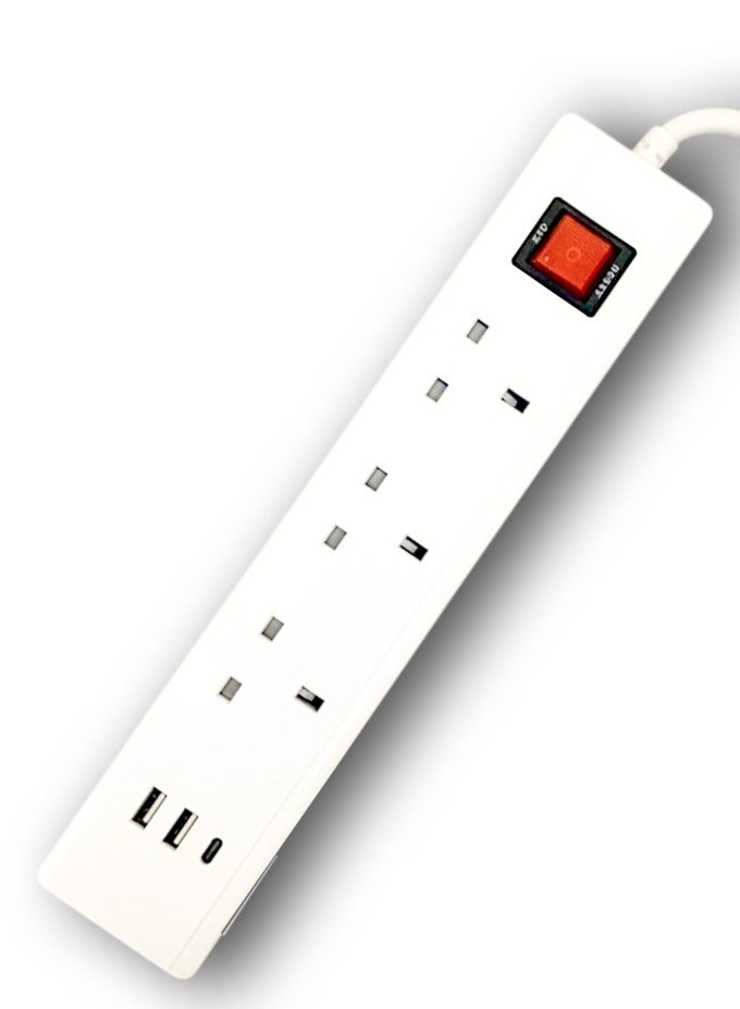 مقبس تمديد أبيض عالي التحمل بطول 5 أمتار مع كابل سميك، أقصى حمل 13 أمبير/230 فولت، حماية من الحمل الزائد والحرائق، 3 منافذ طاقة، منفذان USB + Type-C، زر تشغيل/إيقاف موفر للطاقة، مثالي للمنزل والمكتب والسفر - Image 1