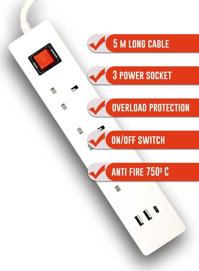 مقبس تمديد أبيض عالي التحمل بطول 5 أمتار مع كابل سميك، أقصى حمل 13 أمبير/230 فولت، حماية من الحمل الزائد والحرائق، 3 منافذ طاقة، منفذان USB + Type-C، زر تشغيل/إيقاف موفر للطاقة، مثالي للمنزل والمكتب والسفر - Image 2