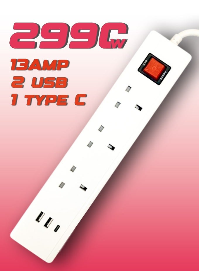 مقبس تمديد أبيض عالي التحمل بطول 5 أمتار مع كابل سميك، أقصى حمل 13 أمبير/230 فولت، حماية من الحمل الزائد والحرائق، 3 منافذ طاقة، منفذان USB + Type-C، زر تشغيل/إيقاف موفر للطاقة، مثالي للمنزل والمكتب والسفر - Image 3