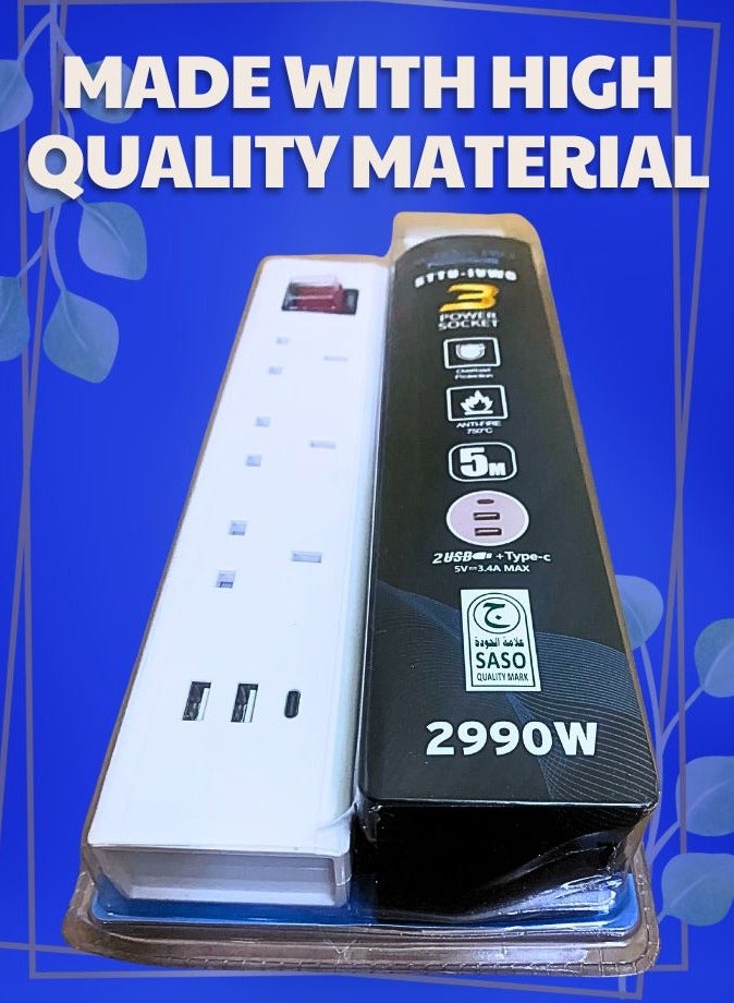 Heavy-Duty 5M White Extension Socket With Thick Cable, 13A/230V Max Load, Overload & Fire Retardant Protection, 3 Power Outlets, 2 USB + Type-C Ports, Energy-Efficient On/Off Button, Perfect for Home, Office & Travel  - Image 3