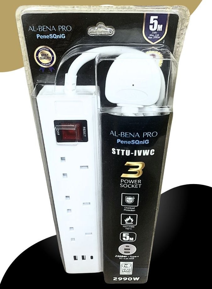 Heavy-Duty 5M White Extension Socket With Thick Cable, 13A/230V Max Load, Overload & Fire Retardant Protection, 3 Power Outlets, 2 USB + Type-C Ports, Energy-Efficient On/Off Button, Perfect for Home, Office & Travel  - Image 4