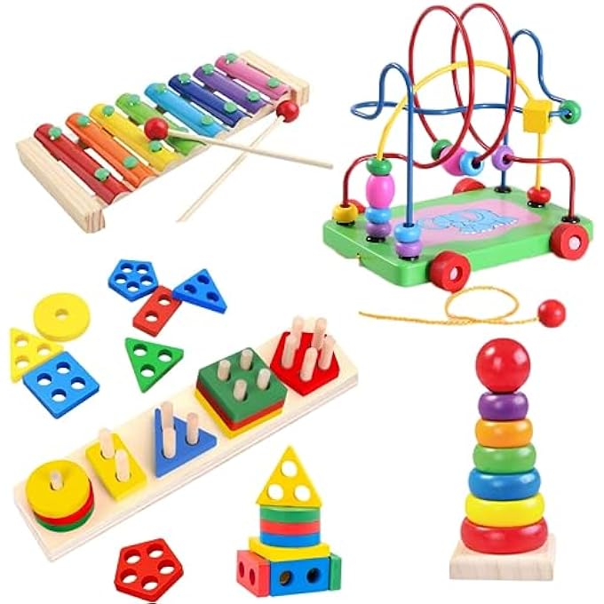 4 IN 1 WOODEN EARLY EDUCATION BABY TOYS, (SORTING & STACKING TOYS + PIANO XYLOPHONE + BEAD MAZE ROLLER COASTER + COLOR BALLS SORTING) TODDLERS MONTESSORI WOODEN TOYS FOR BOYS GIRLS - Image 1