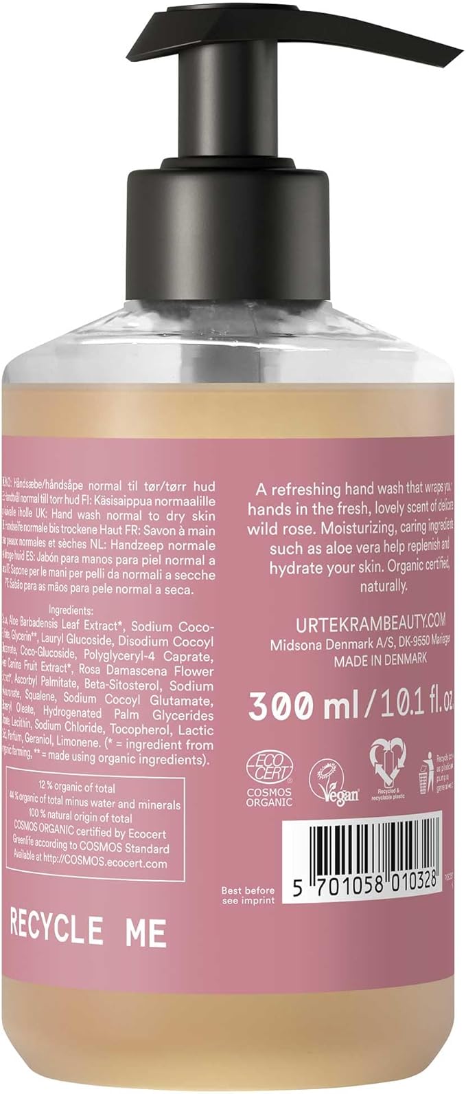 Urtekram Hand Wash Moisturizing Wild Rose 300 ml Vegan Organic Natural Origin - Image 2