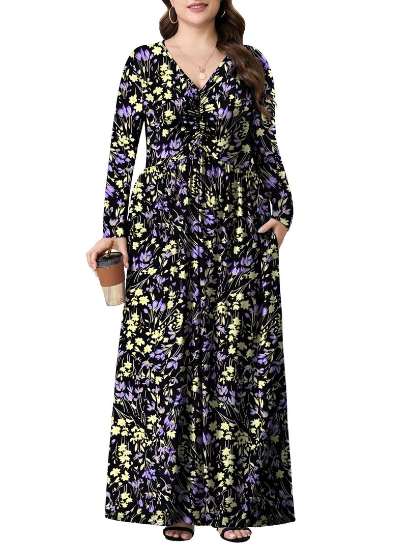 PEVRL Plus Size Maxi Dresses for Curvy Women V Neck Casual Long Dress with Pockets Purple Yellow Wildflowers 3X - Image 3