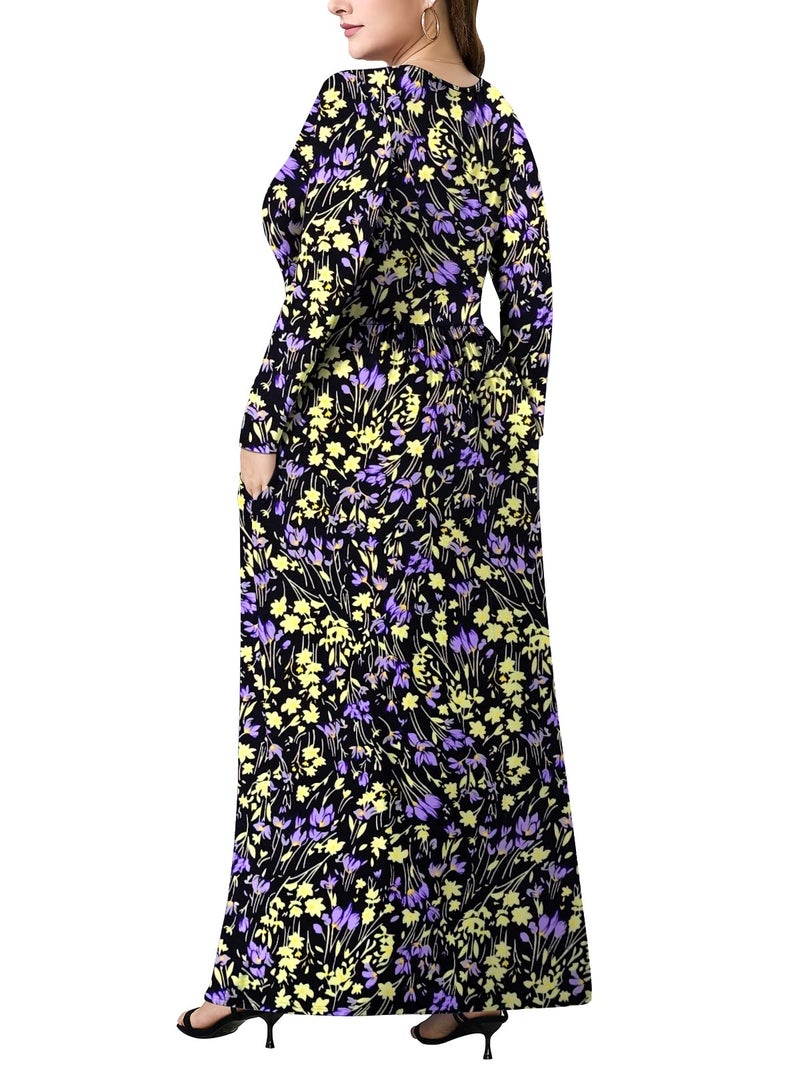 PEVRL Plus Size Maxi Dresses for Curvy Women V Neck Casual Long Dress with Pockets Purple Yellow Wildflowers 3X - Image 5
