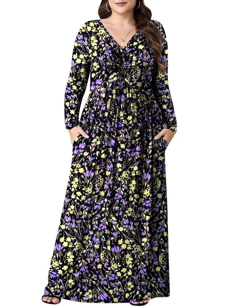 PEVRL Plus Size Maxi Dresses for Curvy Women V Neck Casual Long Dress with Pockets Purple Yellow Wildflowers 3X - Image 1