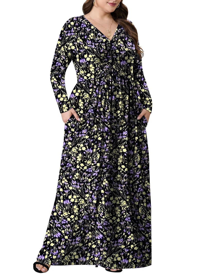 PEVRL Plus Size Maxi Dresses for Curvy Women V Neck Casual Long Dress with Pockets Purple Yellow Wildflowers 3X - Image 4